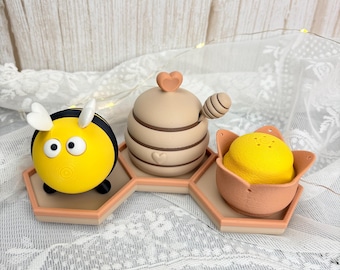 Salz- und Pfefferstreuer Biene Horstie & Blume | 2er oder 3er Set mit Zuckerdose mit Tablett | Sommertisch Grillparty Deko | Wunschfarbe