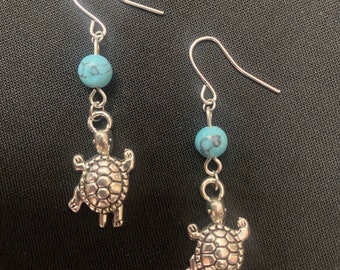 Handmade Earrings Turtle w/Turquoise Drop/Dangle Charm