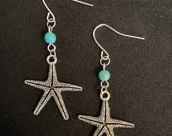 Handmade Earrings Starfish w/Turquoise Drop/Dangle