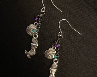 Handmade Earrings Mermaid/Shell w/Purple/Teal Drop/Dangle