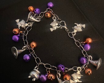 Handmade Bracelet Halloween Witch Hat/Witch’s/Cauldron w/Purple/Orange Bells