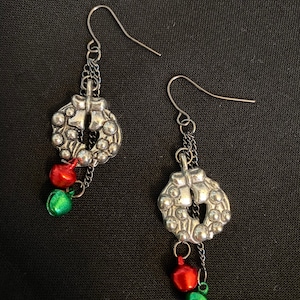 Handmade Christmas Wreath Earrings w/Red/Green Bells Drop/Dangle