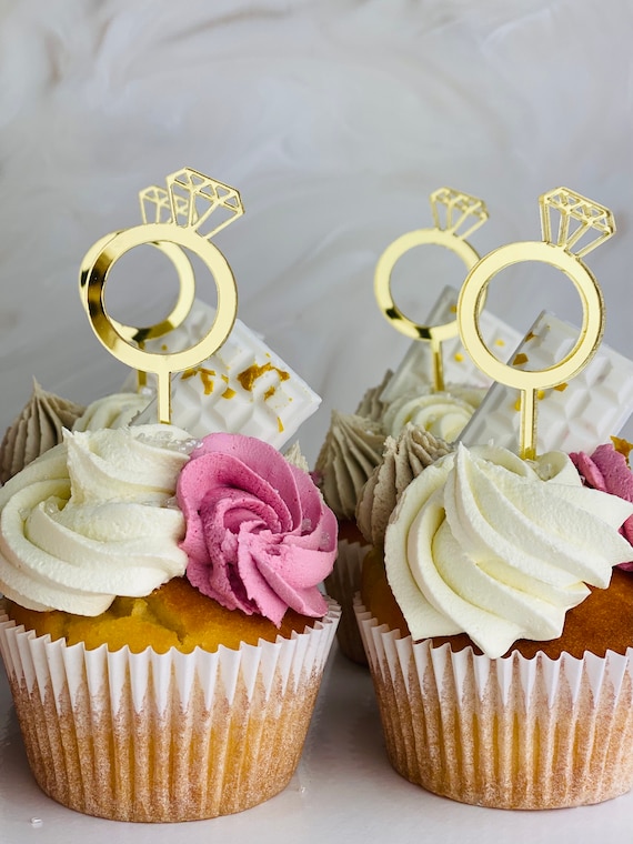 Gold Mirror Engagement Ring Cupcake Toppers Bridal Shower Decorations