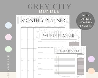 Paquete de planificador diario, semanal y mensual imprimible y digital de Pastel Grey City - 6 colores disponibles