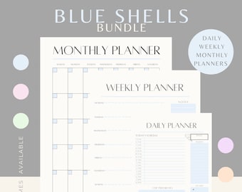 Paquete de planificador diario, semanal y mensual imprimible y digital de conchas azules pastel - 6 colores disponibles