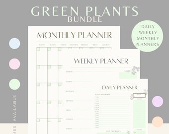 Pastel Green Plants Printable and Digital Daily, Weekly and Monthly Planner Bundle- 6 Colours Available