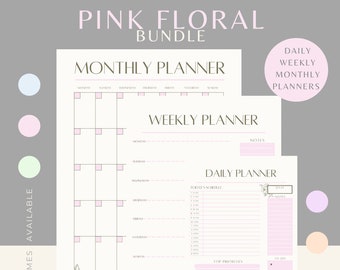 Pastel Pink Floral Printable and Digital Daily, Weekly and Monthly Planner Bundle - 6 Colours Available