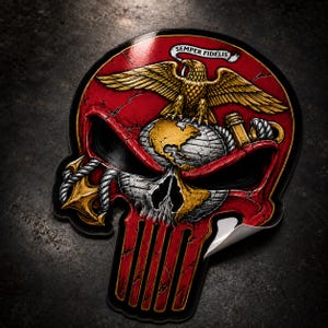 May include: A die-cut sticker featuring a red skull design with a gold eagle perched atop a globe. The text "SEMPER FIDELIS" appears on a white banner above the eagle. A gold anchor with a rope and a metallic cylinder are integrated into the skull.