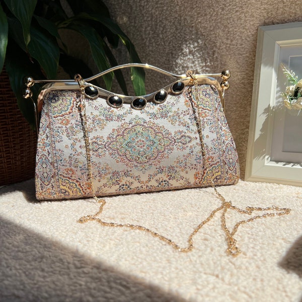 Ottoman Dynasty Floral Small Canvas Clutch Bag in Beige