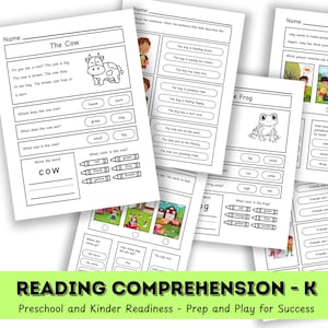 Puede incluir: Hojas de trabajo imprimibles en blanco y negro para la comprensión lectora de preescolar y jardín de infantes. Las hojas de trabajo presentan imágenes de una vaca, una rana y niños. Las hojas de trabajo incluyen preguntas sobre las imágenes y actividades como escribir la palabra "vaca" y colorear la rana.