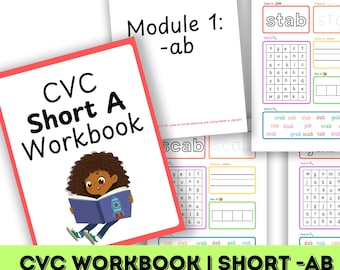 CVC ワークブック | ホームスクール リソース、フォニックス アクティビティ サイト ワード、幼稚園の読み方学習、短い A 音、AB 単語、フェーズ 1 フラッシュカード