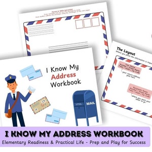 Puede incluir: Un libro de trabajo imprimible de 11 páginas titulado "I Know My Address Workbook" con una ilustración de dibujos animados de un cartero y un buzón. El libro de trabajo está diseñado para ayudar a los niños a aprender sobre las direcciones y cómo escribirlas correctamente. Incluye un diseño de un sobre con secciones para las direcciones del remitente y del destinatario, así como espacio para el franqueo.