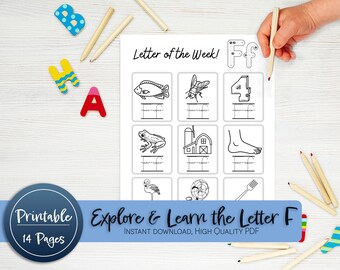 Letter of the Week F - Alphabet Learning, Preschool Worksheets, Printable Activity, Homeschool Kindergarten, Pre-K Literacy, Trace and Craft