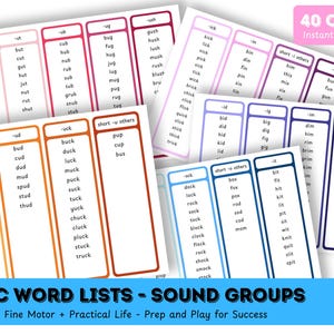 Può includere: Un set di 40 flashcard colorate con liste di parole CVC per insegnare la fonetica. Ogni carta presenta un gruppo di suoni diverso, come -at, -ub, -ug, -ick, -in, -im, -ip, -um, -ud, -uck, -ock, -it, -on e altre -u brevi. Le carte sono progettate per aiutare i bambini ad imparare a leggere e scrivere.