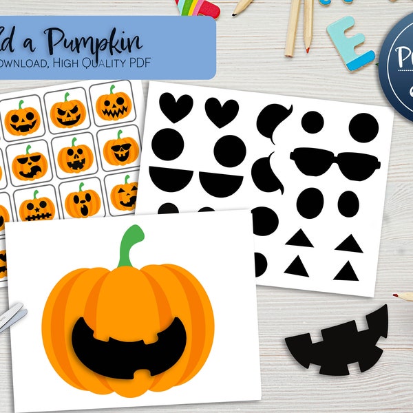 Build a Pumpkin | Cut and Paste Fall Activity Early Shapes Education Toddler Busy Book Halloween Project Autumn Home School Fine Motor Skill