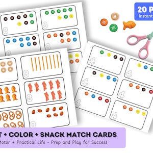 May include: Printable worksheets for kids to count, color, and match different snacks. The worksheets feature images of pretzels, goldfish crackers, M&Ms, and other snacks. The text on the page reads "Count + Color + Snack Match Cards" and "Fine Motor + Practical Life - Prep and Play for Success".