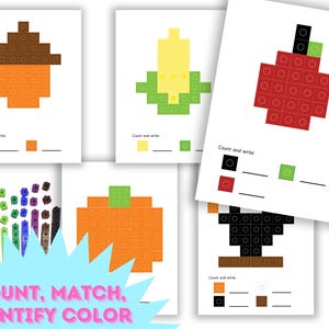 May include: A printable worksheet for kids to count, match, and identify colors. The worksheet features images of an acorn, corn, apple, pumpkin, and a cauldron. Each image is made up of different colored squares. The worksheet includes instructions to count and write the number of squares for each color.
