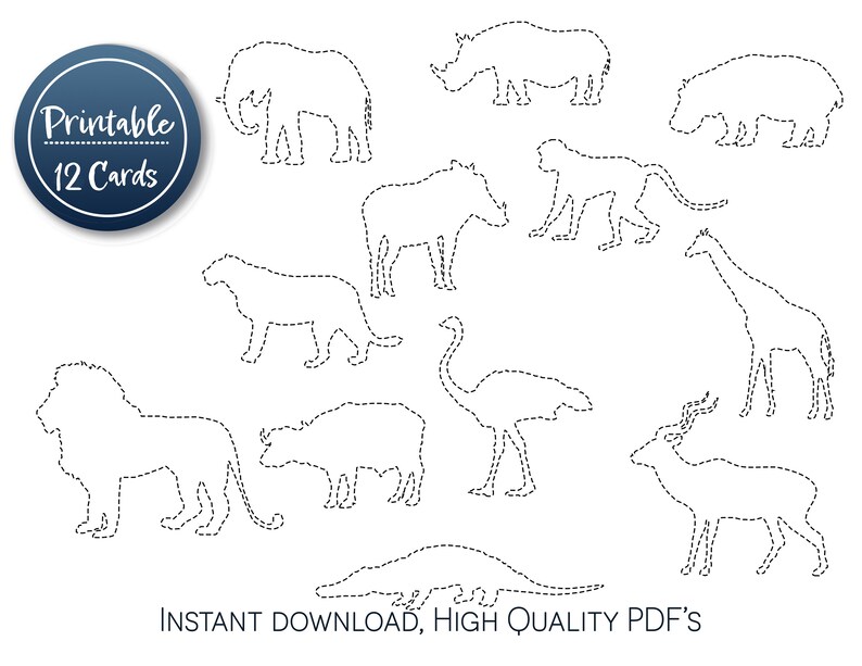 Peut inclure: Ensemble de 12 cartes imprimables pr&eacute;sentant des contours de diff&eacute;rents animaux, notamment un lion, une girafe, un rhinoc&eacute;ros, un &eacute;l&eacute;phant, une autruche, un hippopotame, un singe, et plus encore. Les cartes sont con&ccedil;ues pour que les enfants puissent tracer les lignes pointill&eacute;es et s'entra&icirc;ner &agrave; la motricit&eacute; fine.