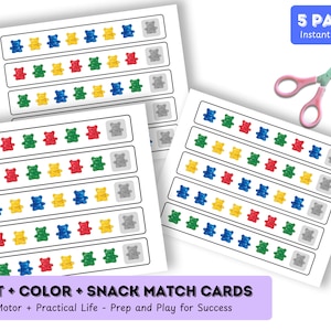 Reeks matchactiviteit met berentellers, bijpassende kleuren, peuter, kleuterschool wiskunde, fijne motoriek, educatief afdrukbaar, patroonwiskunde