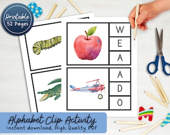 Tarjetas de clip del alfabeto / Tarjetas flash Peg It, Peg it, Tarjetas de clip, Juegos educativos, Aprendizaje preescolar, Actividad para niños pequeños, Motricidad fina, Letras