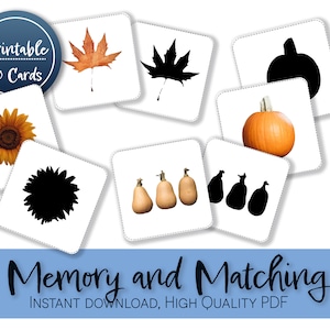 Op de afbeelding: Printbaar memory-spel met 20 kaarten met afbeeldingen van herfstbladeren, pompoenen, pompoenen en zonnebloemen. De kaarten zijn zwart-witte silhouetten en kleurfoto's.