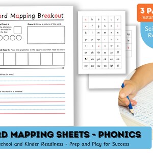 Può includere: Un foglio di lavoro stampabile per bambini della scuola materna e dell'asilo per esercitarsi nella fonetica. Il foglio di lavoro include un'attività di suddivisione della mappatura delle parole con un'immagine, un'attività di costruzione delle parole e un'attività di scrittura di frasi. Il foglio di lavoro include anche una tabella dei suoni fonetici.