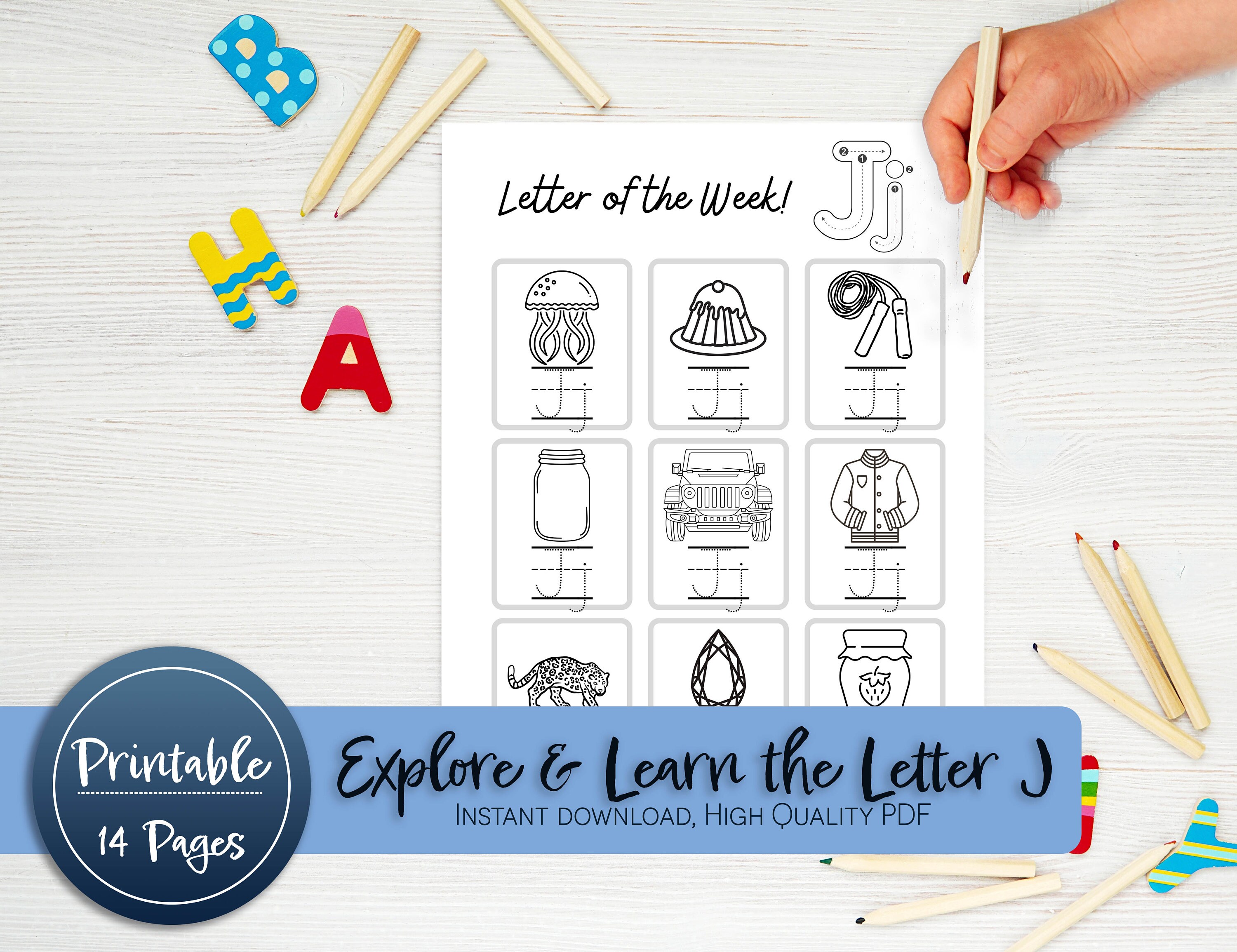 Letter of the Week J - Alphabet Learning, Preschool Worksheets, Printable Activity, Homeschool Kindergarten, Pre-K Literacy, Trace and Craft
