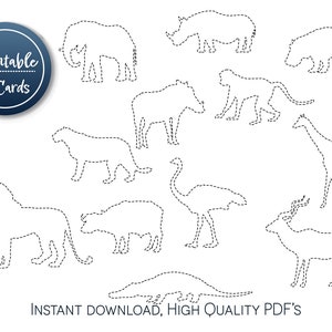 Peut inclure: Ensemble de 12 cartes imprimables avec des illustrations de contours de diff&eacute;rents animaux, dont un lion, une girafe, un rhinoc&eacute;ros, un &eacute;l&eacute;phant, une autruche, un hippopotame, un singe, et plus encore. Le texte "Printable 12 Cards" est visible dans le coin sup&eacute;rieur gauche de l'image. Le texte "INSTANT DOWNLOAD, HIGH QUALITY PDF's" est visible en bas de l'image.