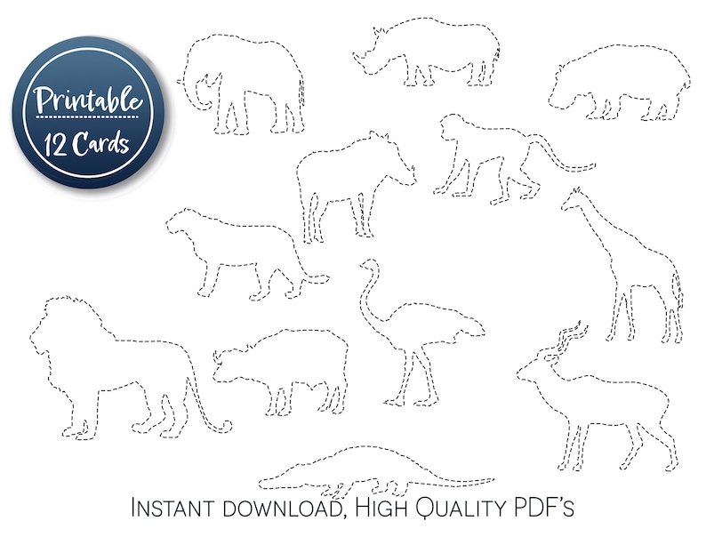 Peut inclure: Ensemble de 12 cartes imprimables avec des illustrations de contours de diff&eacute;rents animaux, dont un lion, une girafe, un rhinoc&eacute;ros, un &eacute;l&eacute;phant, une autruche, un hippopotame, un singe, et plus encore. Le texte "Printable 12 Cards" est visible dans le coin sup&eacute;rieur gauche de l'image. Le texte "INSTANT DOWNLOAD, HIGH QUALITY PDF's" est visible en bas de l'image.