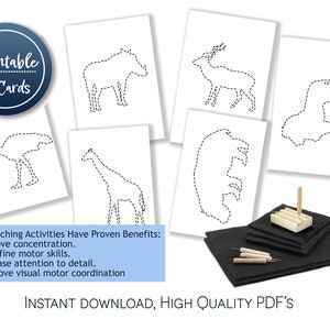 Peut inclure: Ensemble imprimable de 12 cartes repr&eacute;sentant des contours d'animaux pour des activit&eacute;s de poin&ccedil;onnage. Les cartes sont en noir et blanc et pr&eacute;sentent un contour en pointill&eacute;s de chaque animal. Le texte "Printable 12 Cards" est dans un cercle bleu en haut &agrave; gauche de l'image. Le texte "Pin Punching Activities Have Proven Benefits: --improve concentration. --train fine motor skills. --increase attention to detail. --improve visual motor coordination" est dans un rectangle bleu en bas &agrave; gauche de l'image. Le texte "INSTANT DOWNLOAD, HIGH QUALITY PDF'S" est en bas au centre de l'image.