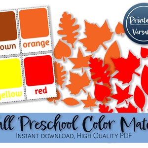 May include: Printable fall leaf color matching game for preschoolers. The game includes four color squares with the words "brown", "orange", "yellow", and "red" and a set of colorful fall leaves.
