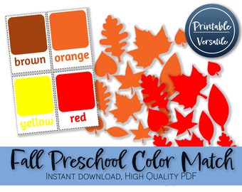 May include: Printable fall leaf color matching game for preschoolers. The game includes four color squares with the words "brown", "orange", "yellow", and "red" and a set of colorful fall leaves.