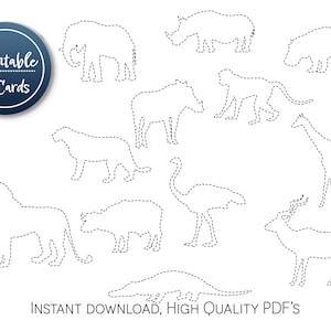 Peut inclure: Ensemble de 12 cartes imprimables pr&eacute;sentant des contours de diff&eacute;rents animaux, notamment un lion, une girafe, un rhinoc&eacute;ros, un &eacute;l&eacute;phant, une autruche, un hippopotame, un singe, et plus encore. Les cartes sont con&ccedil;ues pour que les enfants puissent tracer les lignes pointill&eacute;es et s'entra&icirc;ner &agrave; la motricit&eacute; fine.