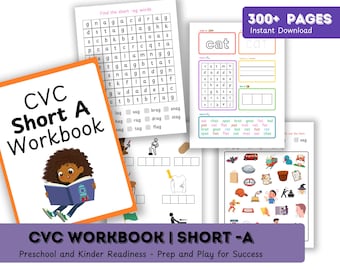 May include: A colorful workbook with the title "CVC Short A Workbook" and a cartoon illustration of a child reading a book. The workbook is designed for preschool and kindergarten readiness and includes activities to help children learn the short "a" sound.