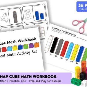 Könnte beinhalten: Ein druckbares Arbeitsbuch für Vorschulkinder mit bunten Steckbausteinen. Das Arbeitsbuch enthält Aktivitäten zum Zählen in Fünfer-Schritten, zum Springen zählen und zum Bauen von Türmen. Der Einband des Arbeitsbuches lautet "Snap Cube Math Workbook" und "Preschool Math Activity Set".