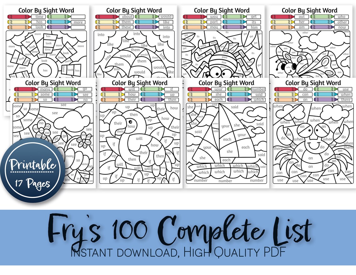 Pre-k Sight Words Printable Worksheets Fry's 100 - Etsy