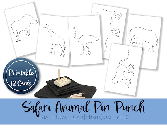 Montessori Safari Animal Pin Punch Activity | Fine Motor Preschool Toddler Activity Prewriting Concentration Homeschool Fauna Shapes Plains