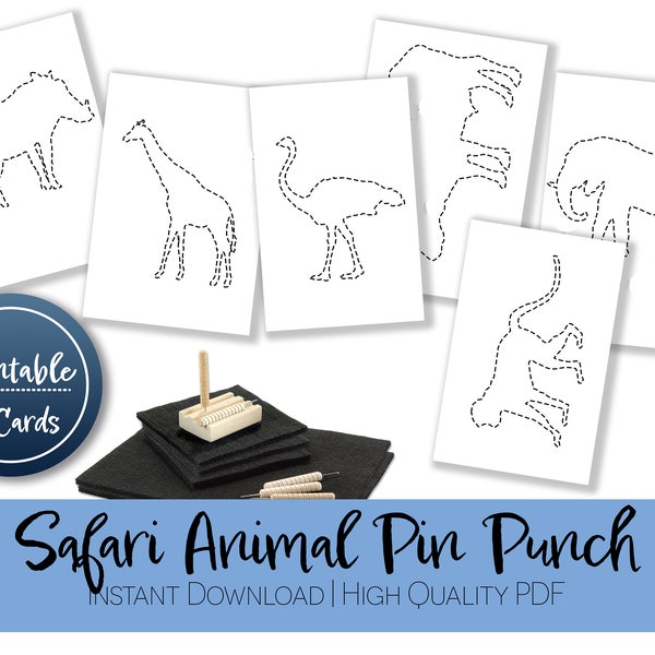 Montessori Safari Animal Pin Punch Activity | Fine Motor Preschool Toddler Activity Prewriting Concentration Homeschool Fauna Shapes Plains