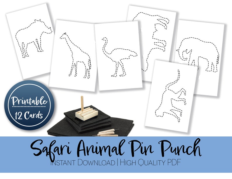 Peut inclure: Cartes de poin&ccedil;onnage d'animaux de safari imprimables. L'ensemble comprend 12 cartes avec diff&eacute;rents animaux, dont une girafe, un rhinoc&eacute;ros, une autruche et un singe. Les cartes sont con&ccedil;ues pour &ecirc;tre utilis&eacute;es avec un poin&ccedil;on, qui n'est pas inclus.