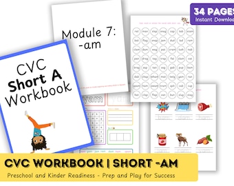 CVC Workbook| Homeschool Resources, Phonics Activity Sight Words, Kindergarten Learn to Read, Short A sounds, AM words, Phase One Flashcards