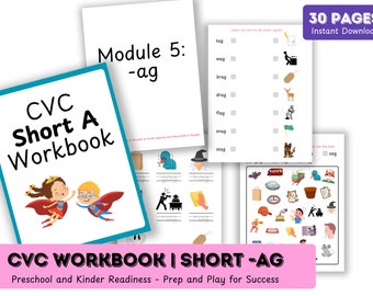 CVC ワークブック | ホームスクール リソース、フォニックス アクティビティ サイト ワード、幼稚園の読み方学習、短い A 音、AG 単語、フェーズ 1 フラッシュカード