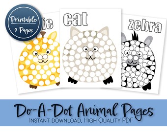 Pode incluir: Um conjunto de nove páginas de animais imprimíveis para fazer com pontos, com uma girafa, um gato e uma zebra. As páginas são em preto e branco com círculos brancos para que as crianças as pintem com marcadores de pontos.