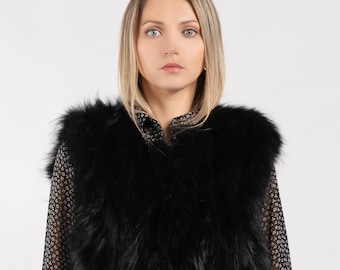 Black Finn Raccoon Fur Vest, Handmade Elegant Winter Gilet (S-2XL)