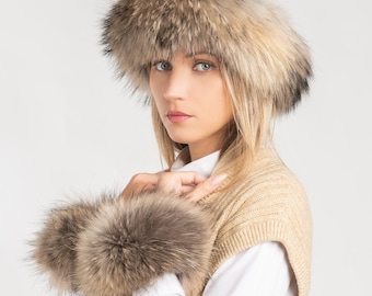 Diadema y bufanda de piel de mapache con puños a juego, conjunto de invierno hecho a mano