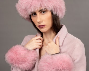 pink fur coat with matching headband