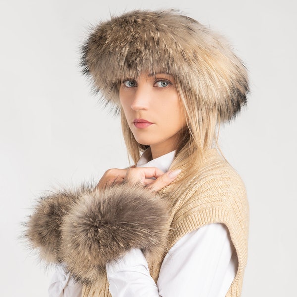 Multiuse Pelz Stirnband Schal Kragen Beige Grau Flauschiges Echtpelz Glamouröses Winter Accessoire mit passenden Manschetten