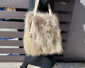 Handmade Raccoon Fur Shoulder Bag: Leather Straps, Medium Beige Brown