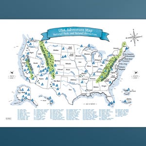 USA Adventure Map mit Nationalparks und Natursehenswürdigkeiten, inklusive der 3 großen Gebirgsketten und Flüsse, Kunstdruck, Kunstposter