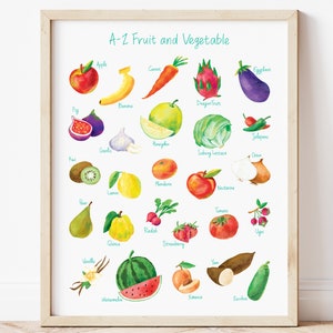 DIGITAL DOWNLOAD_A-Z Watercolour Fruit and Vegetable Alphabet Wall Art, ABC Nursery Poster, Wall Decor, Educational Print, Learning Poster