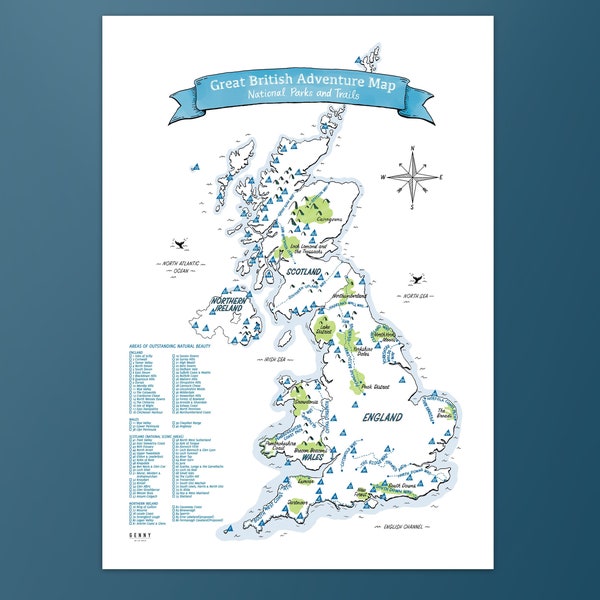 A3 – Große britische Abenteuerkarte von Nationalparks und Nationalpfaden mit Gebieten von außergewöhnlicher natürlicher Schönheit, Giclée-Druck, Kunstposter
